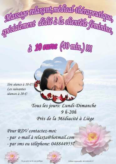 Massage à 10€ (40 min.) spécialement dédié à la clientèle féminine !